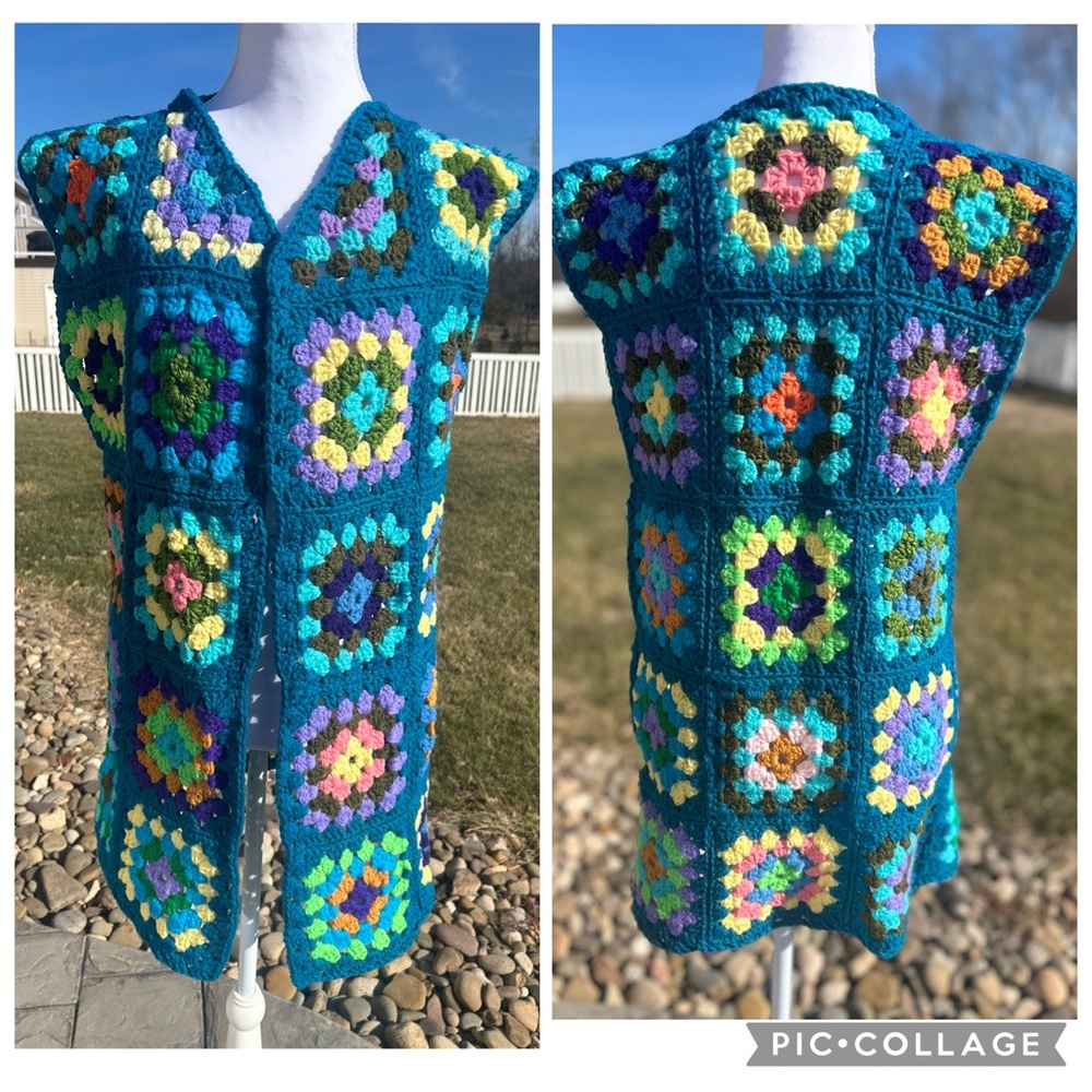 Vintage handmade handknit crochet granny square teal long sweater vest XS S